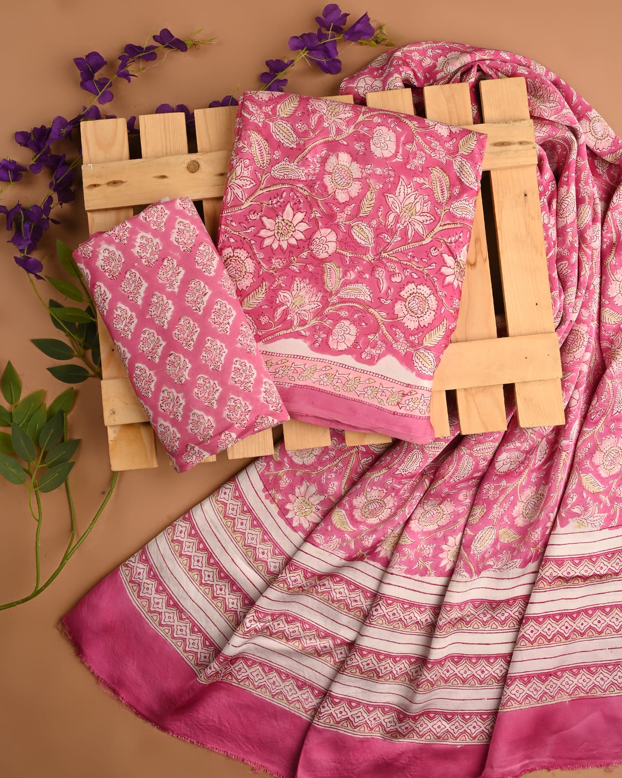 Pink Jal Cupro Modal Silk Handblock Printed Dress Material – Artisan Crafted Wholesale Fabric
